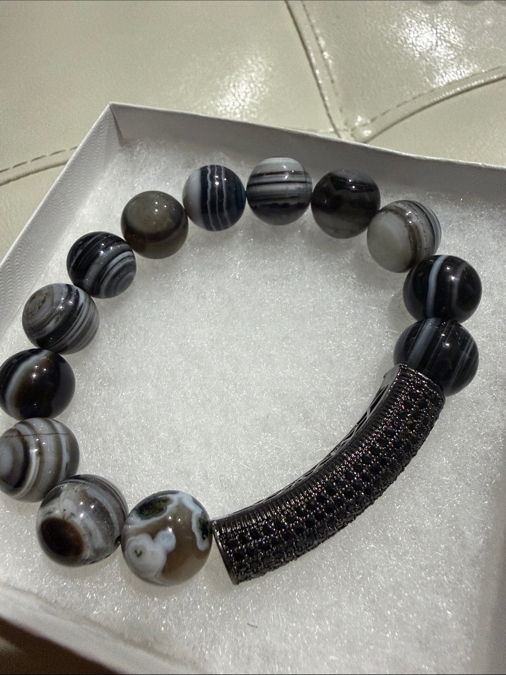 Black and White Agate Bead Stretch Bracelet with Pavé Bar